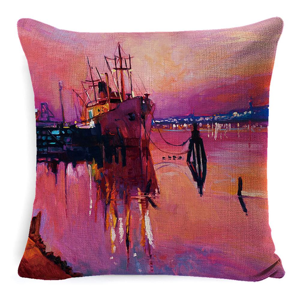 New Linen Pillow Cover Oil Painting Landscape Office Lumbar Pillow Cover Home Sofa Pillow Home Pillow