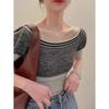 Women's Black White Striped Knit Top Wide Neck Short Sleeve Slim Fit Casual Blouse