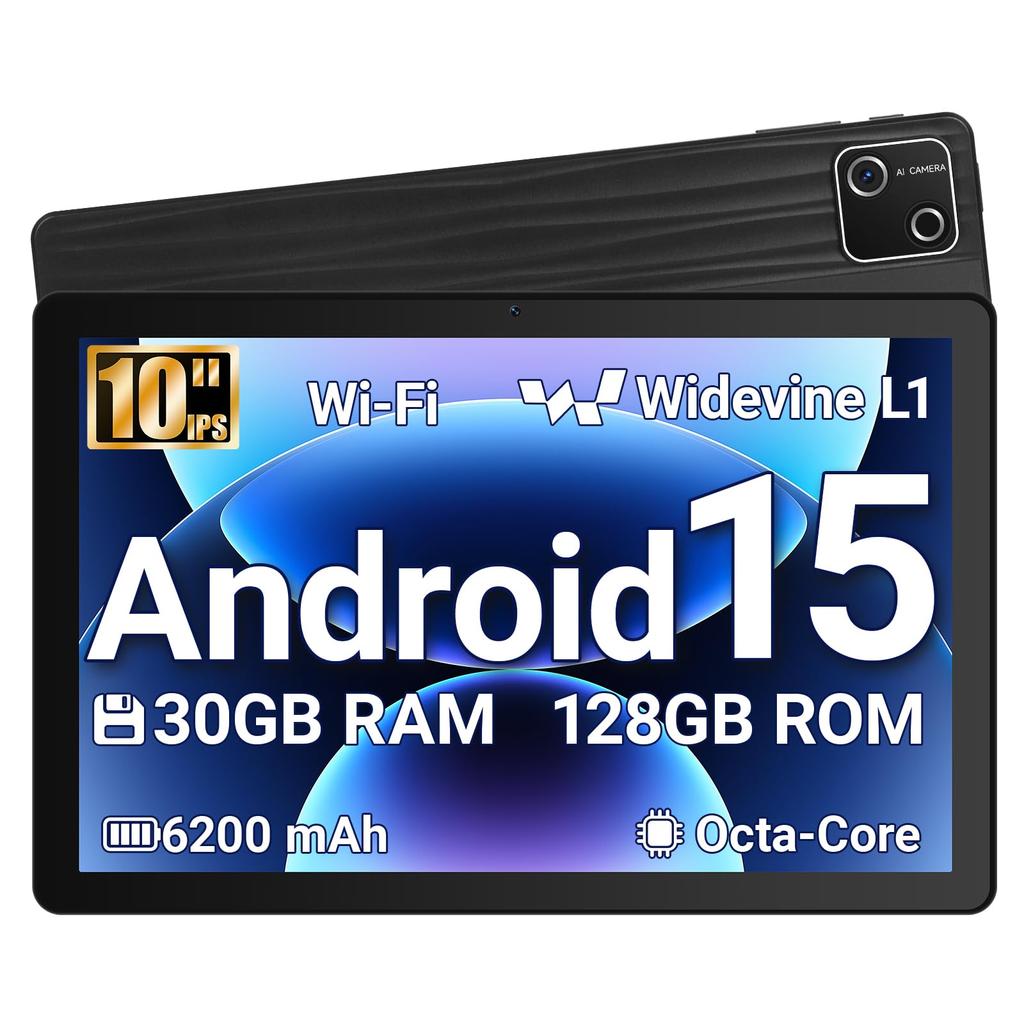 Android 15 Tablet, 10.1 Inch, 30GB+128GB, 6200mAh Battery, Keyboard Mouse Set, WiFi 6