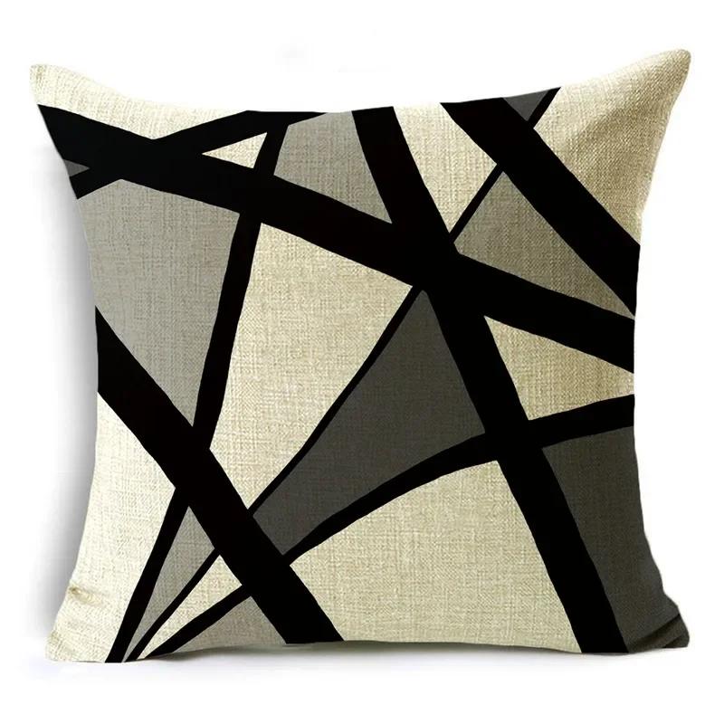 Black And White Collection Geometric Prints Linen Pillowcase Square Bedroom Car Decor Cushion Cover 40Cm/45Cm And 50Cm