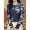 Elegant Floral Print Polyester T-Shirt with Hollow Details - Crew Neck, Long Sleeve Knit Top for Women, Perfect for Spring/Fall