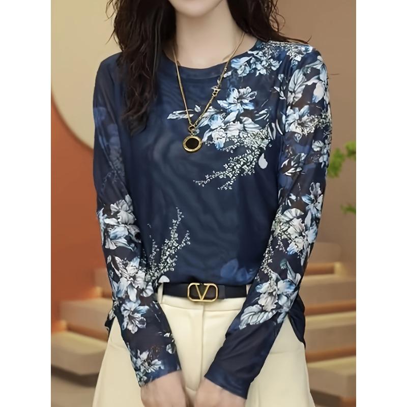 

Элегантная полиэстеровая футболка с цветочным принтом и ажурными деталями - трикотажный топ с круглым вырезом и длинным рукавом для женщин, идеально подходит для весны/осени XXL