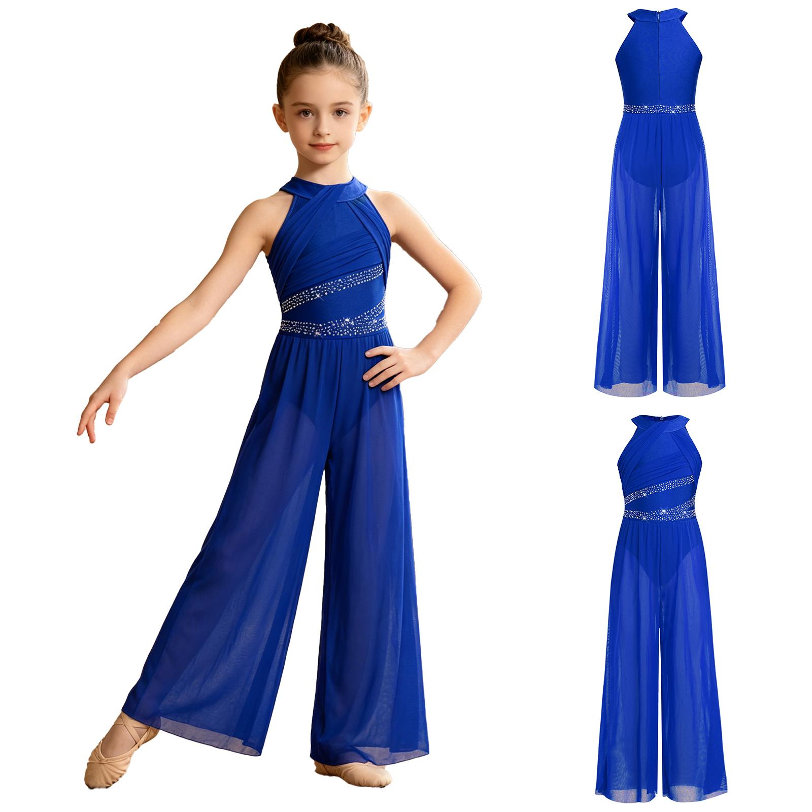 Kinder Mädchen Lyrical Tanz Jumpsuit Ärmellos Unsichtbarer Reißverschluss Hinten Strass Raffung am Oberteil Mesh Weiter Beinteil Bodysuit für Bühnenauftritt Wettbewerb 7-8 Years blau