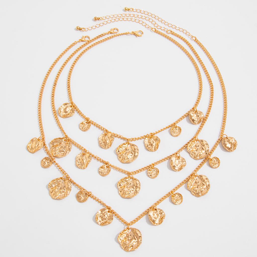 Hip-Hop Pleated Disc Pendant Necklace, Design Metal Chain Stacked Collarbone Chain Necklace