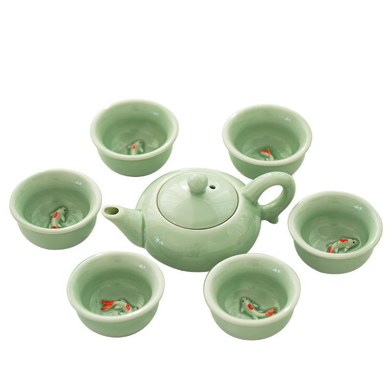 Teapot Set 7 Heads Celadon Ceramic Tea Set Gift Box Kung Fu Tea Set Carp Tea Cup Gift