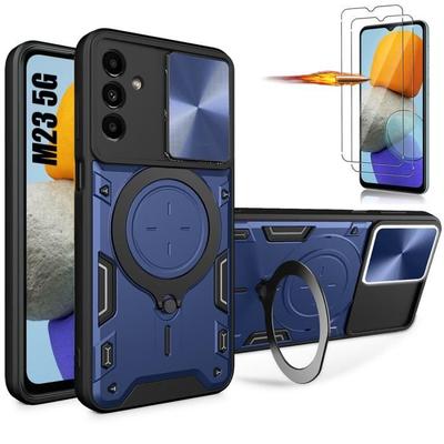 Case for Samsung Galaxy M23 5G Navy Blue Ring Stand Camera Cover + 2 Tempered Glasses