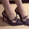 Beautiful Black Empty Pointed High Heels Women's Sexy Thin Heels 2025 New Rhinestone Bow Temperament Single Shoes