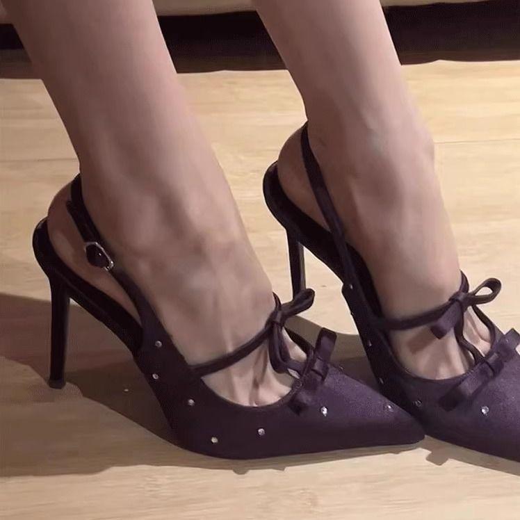 Beautiful Black Empty Pointed High Heels Women's Sexy Thin Heels 2025 New Rhinestone Bow Temperament Single Shoes