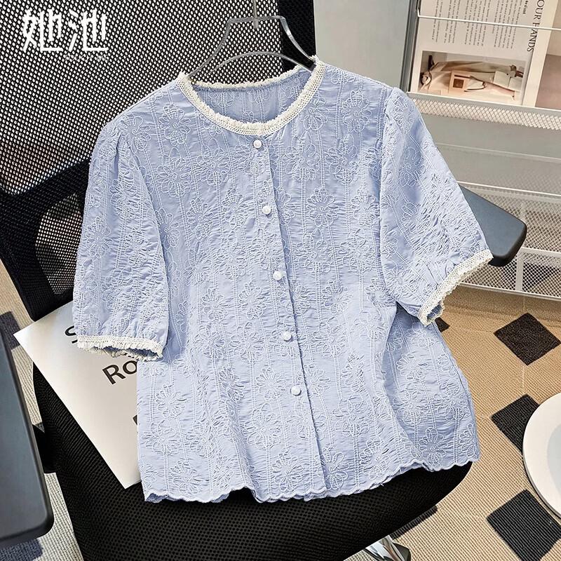 Women s French Style Textured Puff-Sleeve Blouse M