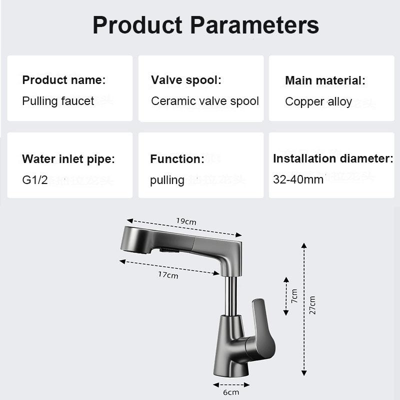 Black/Silver/White Pull Down Bathroom Faucet, 360° Swivel Spout with Dual Spray Modes, Heavy Duty Brass G1/2 Connection