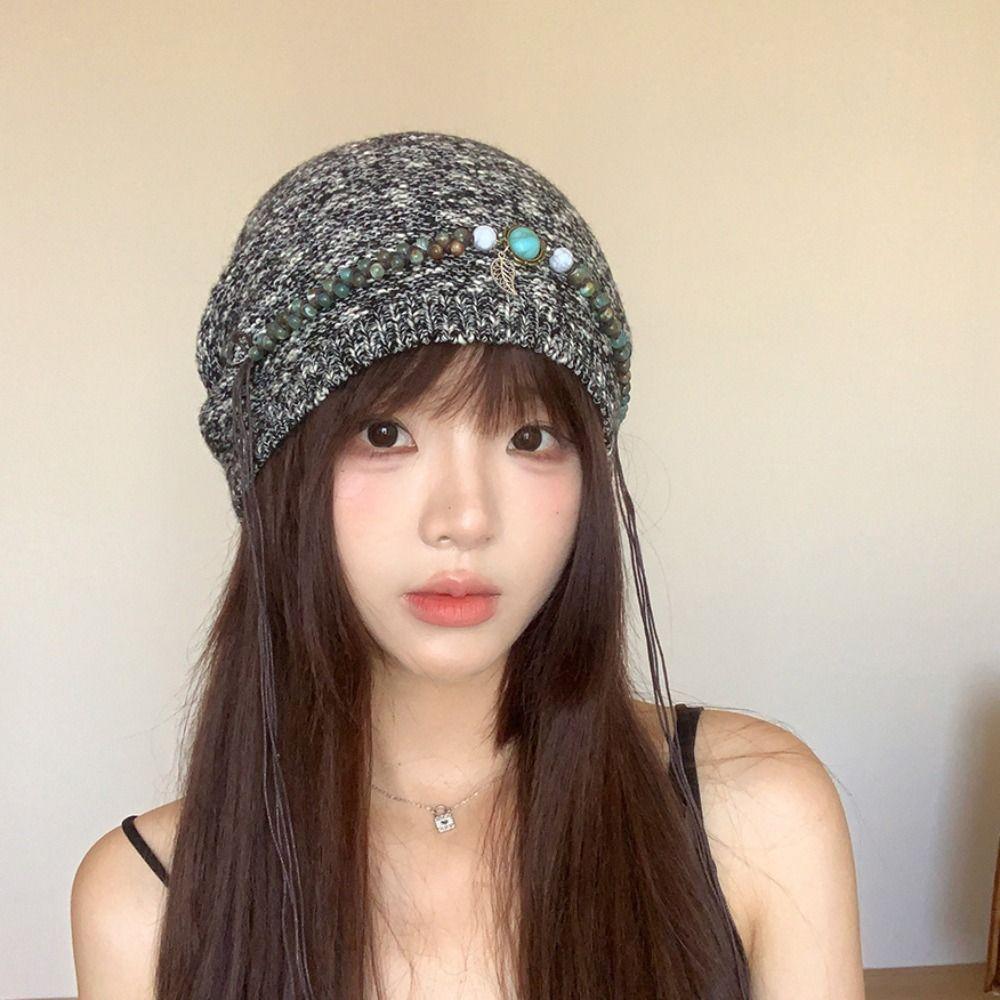 Ethnic Style Bohemian Beanies Hat Coldproof Jacquard Woolen Hat Casual Beaded Fringed Cap  Female