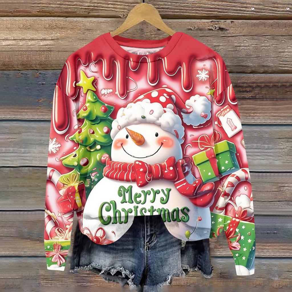 Ladies' Christmas Printed Long Sleeved Round Neck Hoodie Loose Top