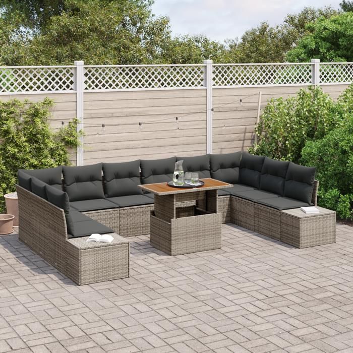 VidaXL Ensemble de salle à manger de jardin 11 pièces avec coussins en poly rattan gris et acacia 3350013