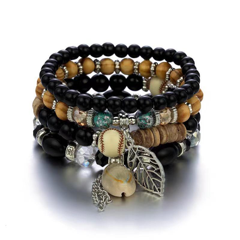 Bohemian Beaded Shell & Leaf Pendant Layered Bracelet Set