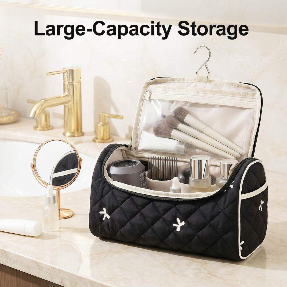 Trendy Toiletry Bag Quilted Makeup Bag Large Capacity Portable Cosmetic Bag Bowknot High-quality Travel Storage Pouch for Women
