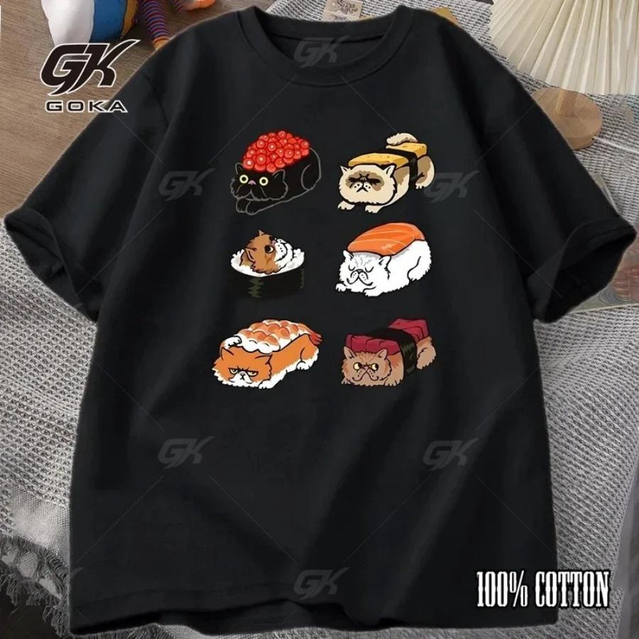 Kawaii Cute Cat Sushi T-shirt Women s Y2k Summer Casual Short Sleeved Cute Daily T-shirt Cartoon Printed Women s Clothing S