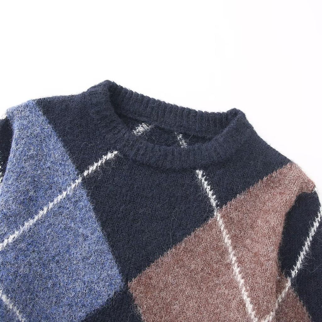 European and American style, new women's clothing, foreign style, fashionable, casual fashion long-sleeved rhombus knitted sweater