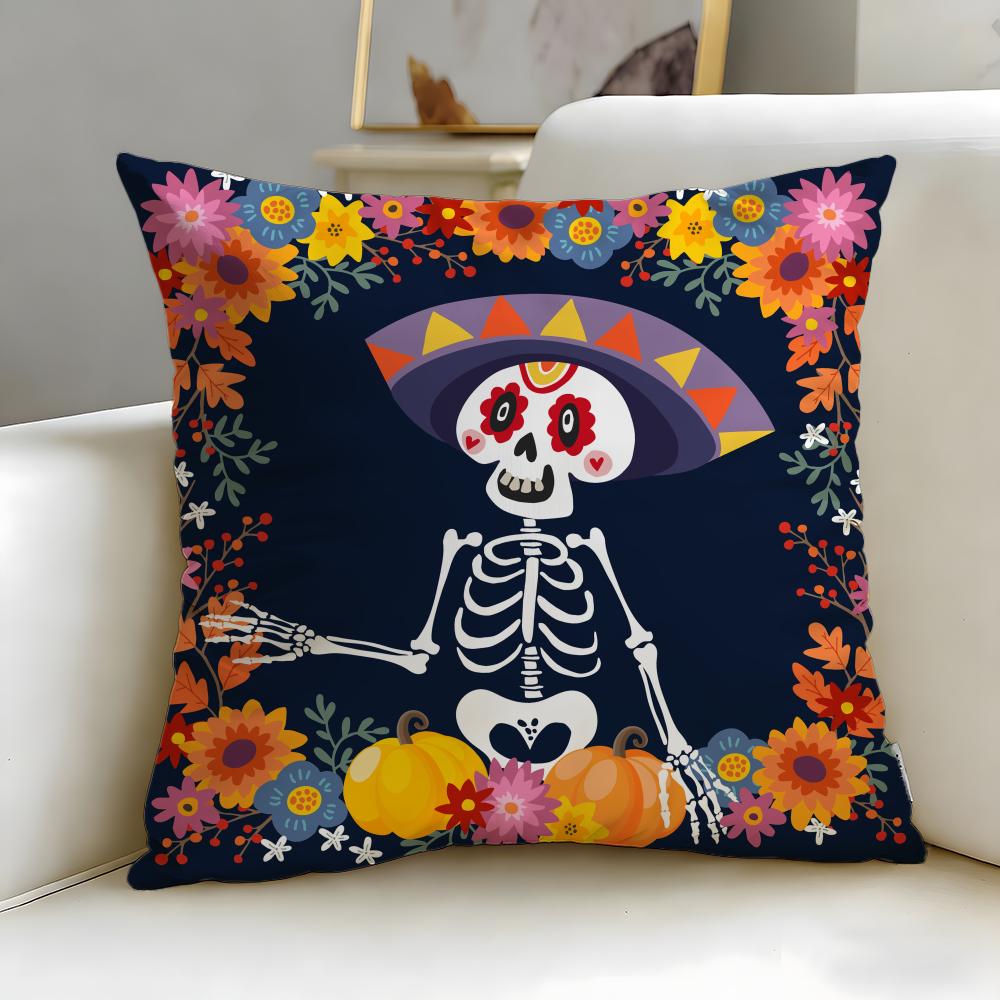 holiday Mexico Easter Flower Skeleton Cushion Cover Soft & Easy-Wash Pillow Case – Versatile for Couch, Bed, Travel and Office