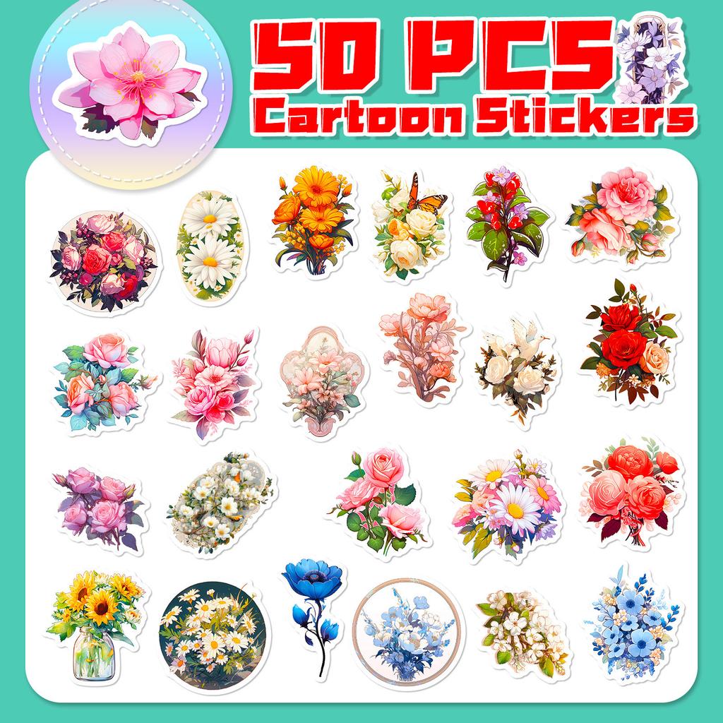 50 Retro Flowers Doodle Decals Plant Flowers Hand Account Cartoon Creative Hand Account Decals Premium Durable