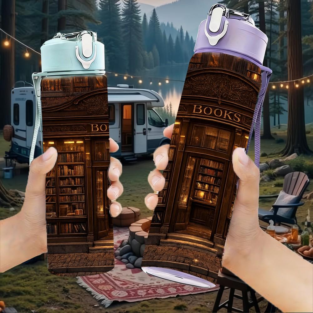 1PC Old Dark Library Bookshelf Print 750ml Color Plastic Sports Water Bottle Leakproof Flip Straw Lid Suitable for Sports Office Home Use