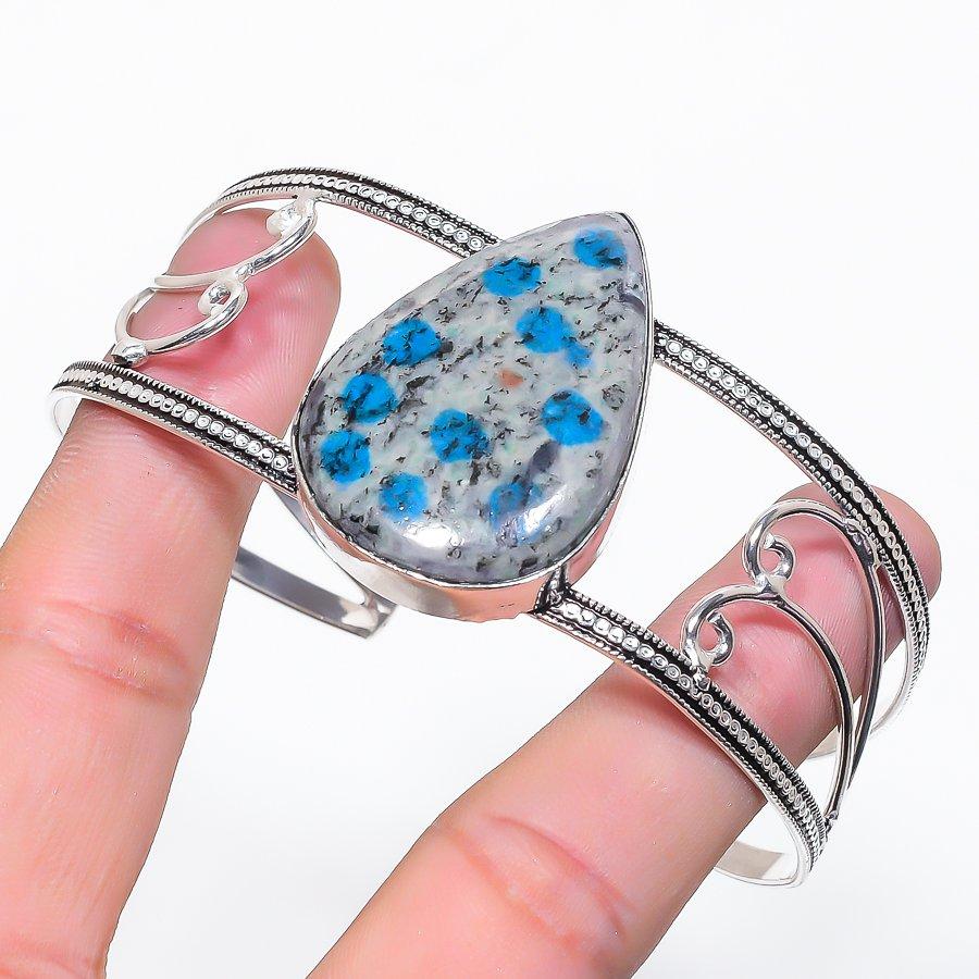 Natural K2 Blue Azurite Gemstone 925 Sterling Silver Cuff Bangle Adjustable q7P68