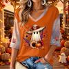 Women's V-Neck Casual Halloween Print Three-Quarter Sleeve Top for Fall Festive Occasions