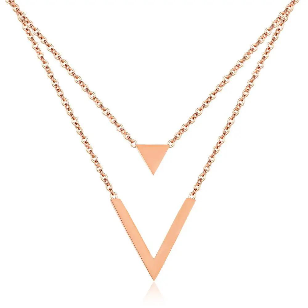 Ladies Necklace Innovative Double Pendant Long Chain Hollow Triangle V-shaped Stainless Steel Necklace