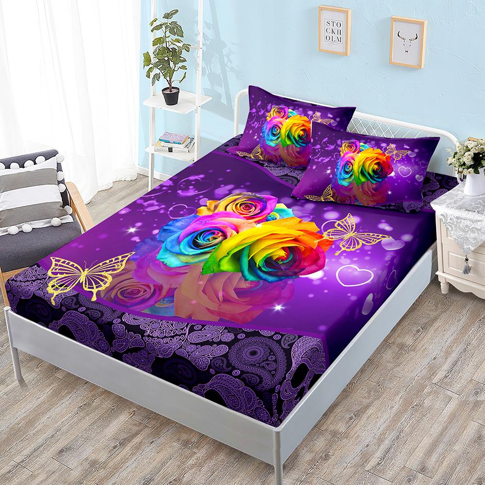 Flower Rose Kit, Bed Hat Three-Piece Set, Bed Cover, Pillowcase, Mattress Protective Cover, Bed Sheet All-Inclusive.