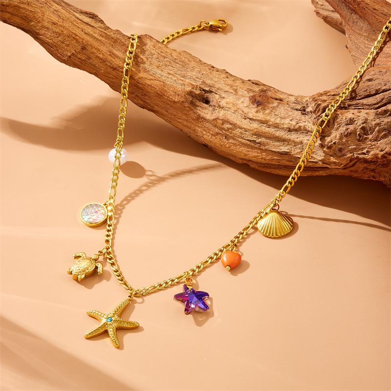 Stainless Steel Sea Animal Starfish Turtle Shell Resin Pendant Necklace Women's Jewelry Accessories