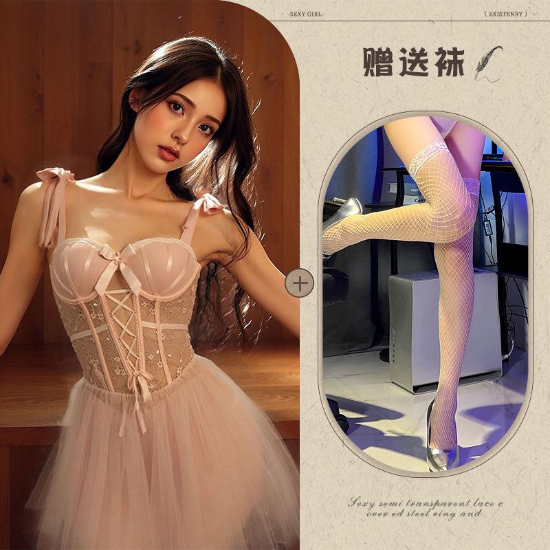 Incens de ascultat noaptea lenjerie sexy plasă subțire transparentă plus burete la piept inel de oțel strângere bretele rochie de noapte costum pentru femei