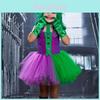 Halloween Joker Role Playing Kids Girl Green Dress Glove Set For Party