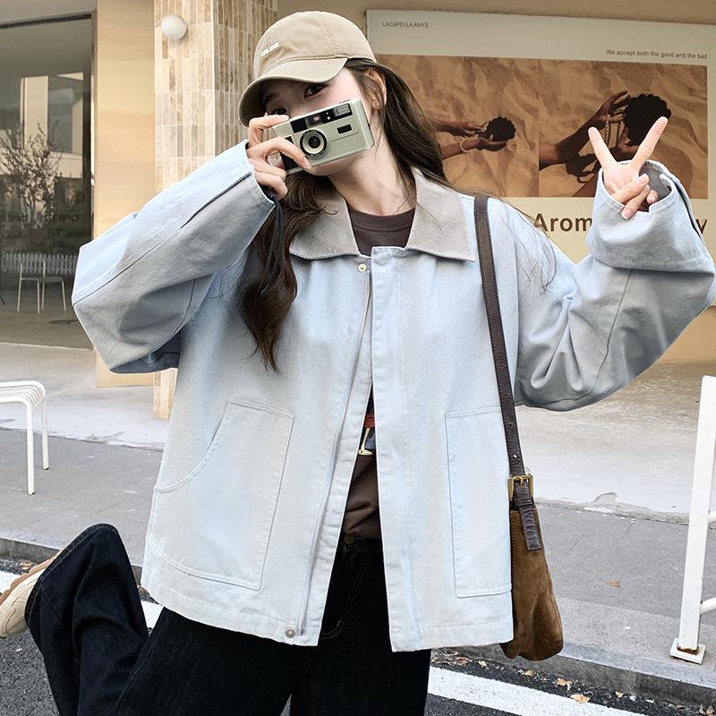 Vintage Contrast Corduroy Lapel Short Coat, 2025 Korean Style, Youthful Small Size Jacket