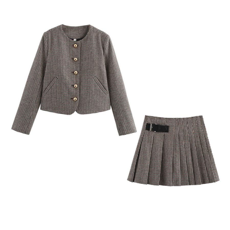 

Женский весенний комплект 2025 года: пиджак в гусиную лапку и плиссированная юбка с высокой талией Small коричневый