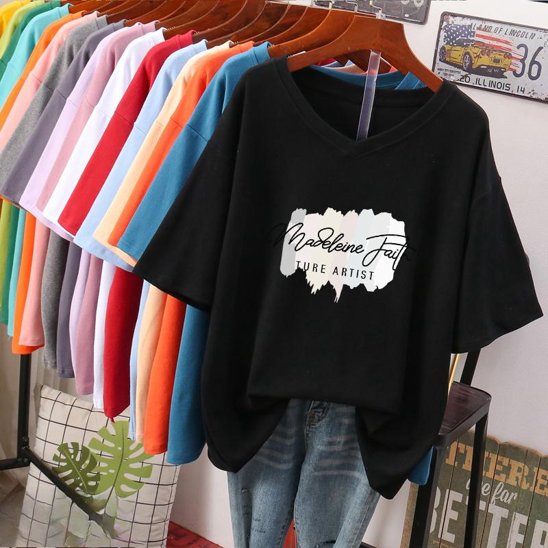 Tricou cu mânecă scurtă, Croială largă, Top subțiere cu gât în V imprimat pentru femei