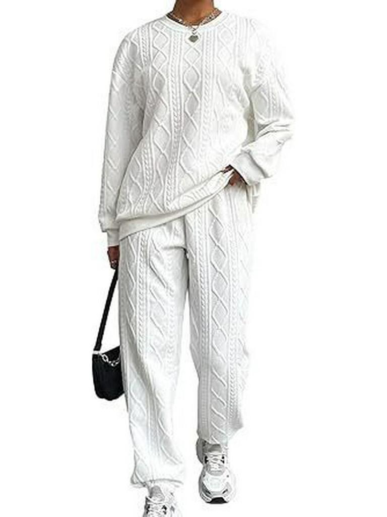 Γυναικείο Σετ Δύο Τεμαχίων με Πλεκτή Καλωδιακή Επένδυση: Μπλούζα Μακρυμάνικη με Στρογγυλή Λαιμόκοψη & Παντελόνι με Μανσέτες