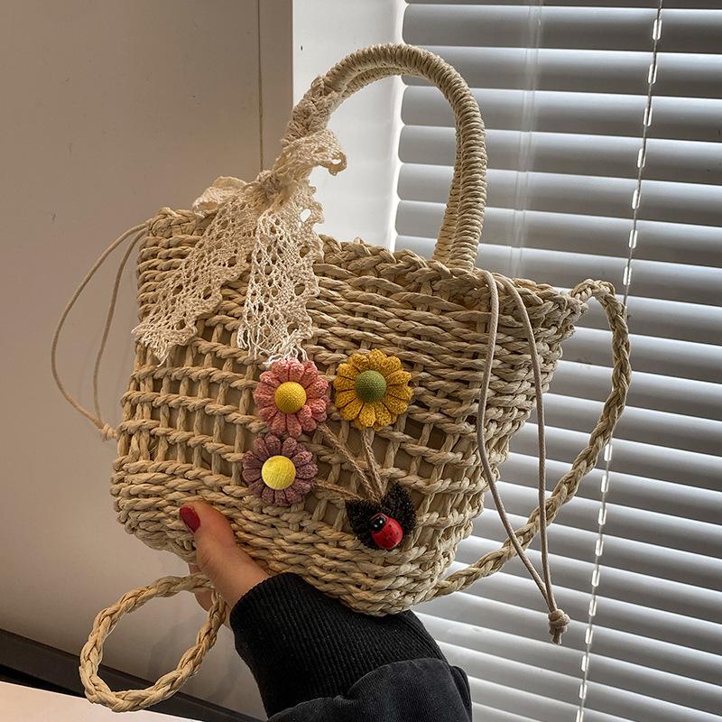 Handmade Woven Bag Women's New Trendy Straw Woven Beach Bag Women Ins Japanese Girl One Shoulder Handbag Women