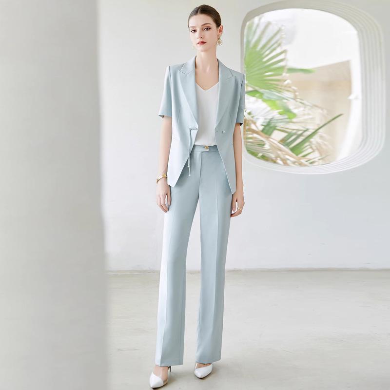 Set Costum Profesional de Vară Albastru Ușor Stil Chinezesc: Costum Pantaloni Formale de Lucru Prietenos cu Pielea