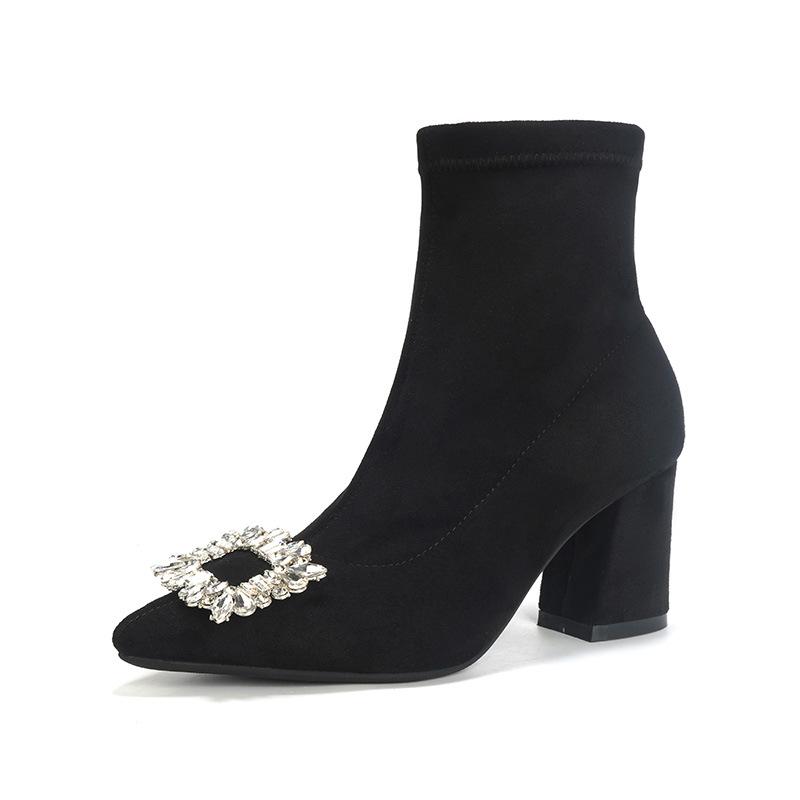 Spitzer dicker Absatz Herbst und Winter dicker Absatz Internet-Berühmtheit Strass quadratische Schnalle High Heel dünne Stiefel Fleece elastische Sockenstiefel Wildleder Schu