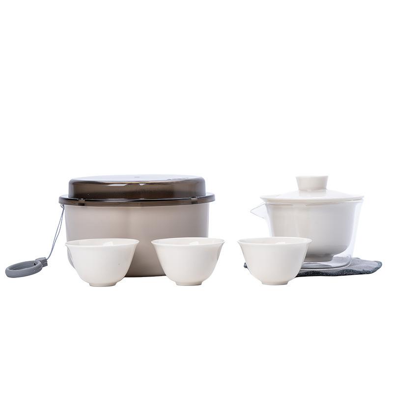 Light luxury tea table, outdoor kung fu travel tea set plant gray fast guest gaiwan three cups business commemorative souvenir