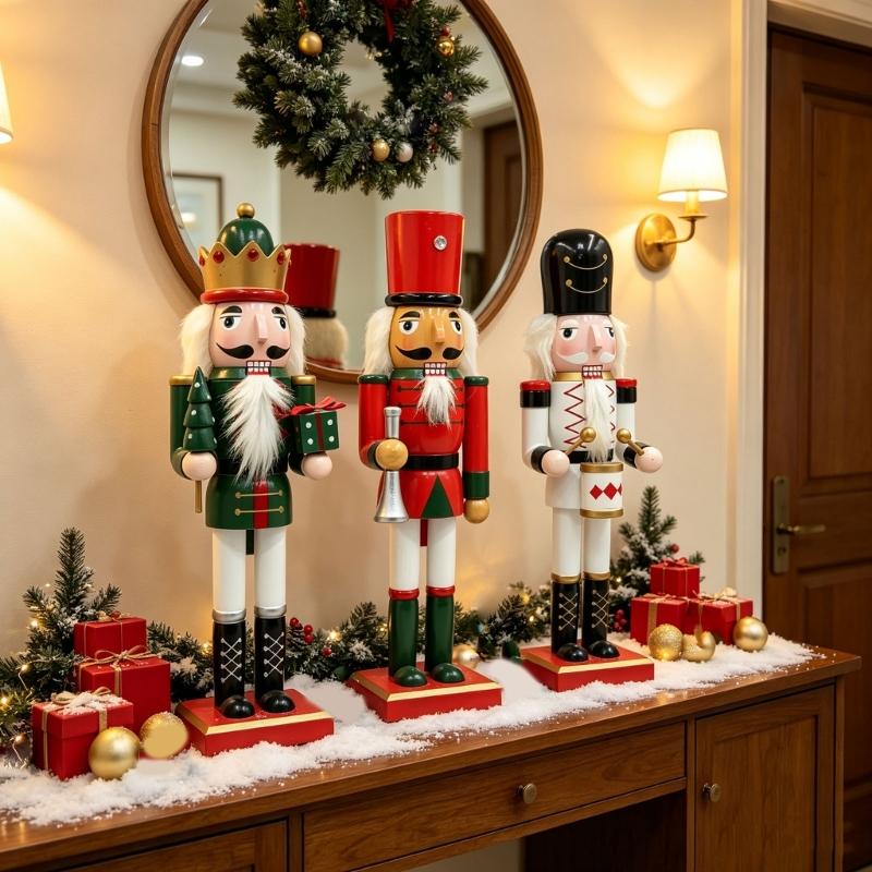Christmas Nutcrackers Decoration in Solid Wood with a Square Base for Entryway, Mantel, Shelf, or Desk Display