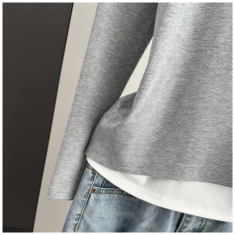Fake Two-Piece Long Sleeve T-Shirt Loose Slim Base Top For Early Autumn Stretchy Slim Base Layer Soft Ribbed Fabric Good For Inner And Outer Wear Top