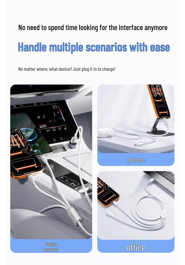 PISEN 100W 3-in-1 Fast Charging Cable, 6A for Apple and Huawei Devices