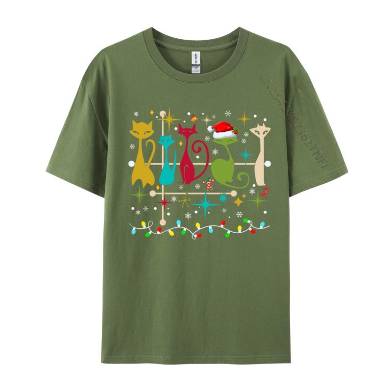 Mid Century Modern Look Cats Christmas Retro 50s 60s Xmas TShirt Casual Short Sleeve All Cotton Round Collar Unisex TShirt