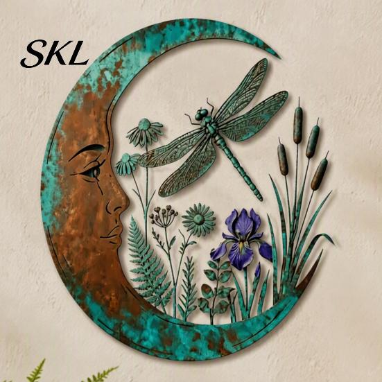 Durable Metal Craft for Garden Vintage Crescent Moon Wall Art, Fairy Witch Bee Dragonfly Iron Hanging Sculpture Decor, Patio Indoor Home Housewarming