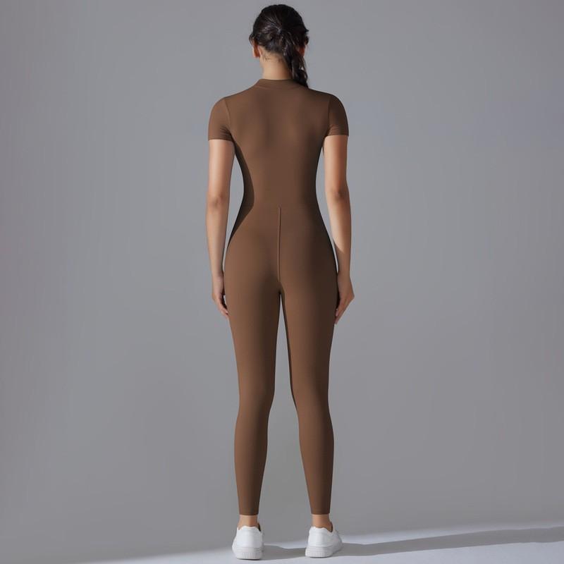 Womens High-Elastic Zipper Front Tight Fit Long Sleeve Jumpsuit Yoga Running Gym Workout