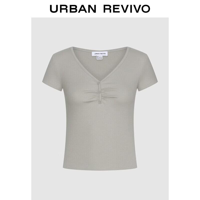 UR2026 Women s Casual V-Neck Pleated Button Short T-Shirt XL