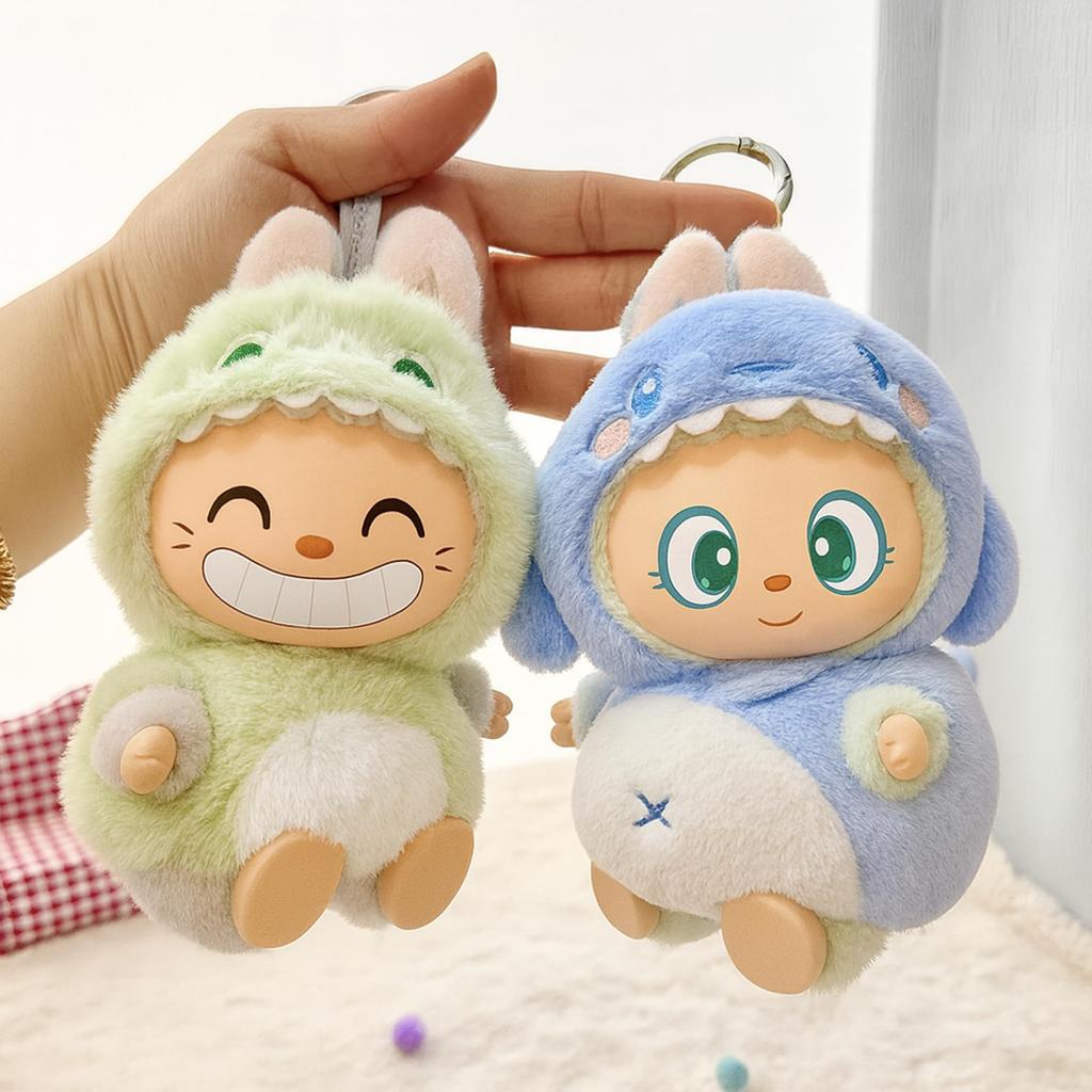 17cm Plush Green Dinosaur with Plump Shark Outfit, Suitable for First, Second, and Third Generations, Fluffy Costume for Plush Dolls