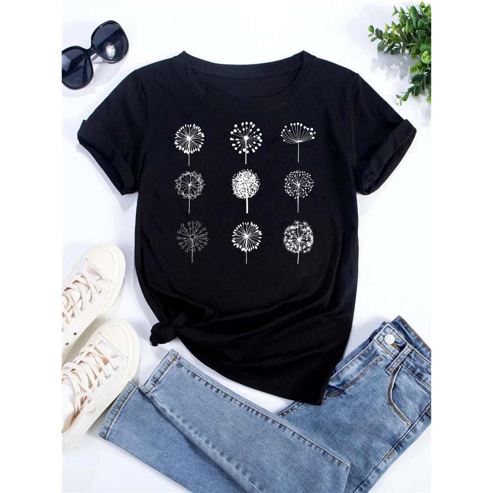 Dandelion graphic printing T-shirt women's summer short-sleeved round neck casual fashion streetwear top