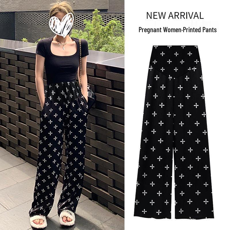 2026 Spring/Summer Knit Cross Print Loose Floor-Length Maternity Pants Medium чёрный