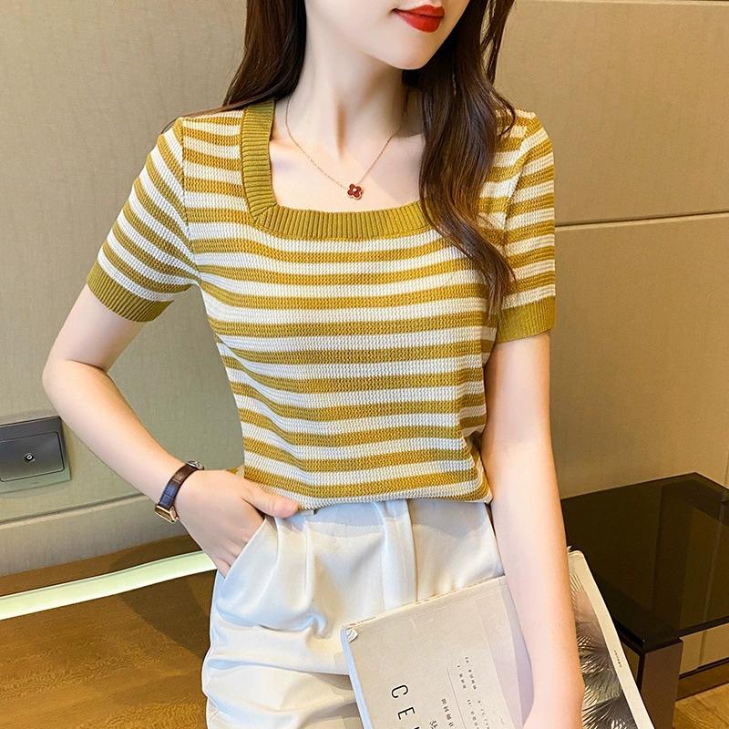 Black and White Ice Silk Striped Knitted Shirt Short Sleeved T-shirt for Women's Summer Front Shoulder Thin Square Neck Short Top